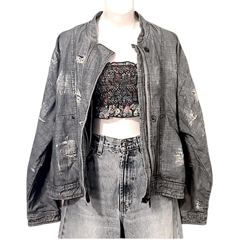 Free People Womans Elijah Distressed Oversized Denim Bomber Jean Jacket Sz M